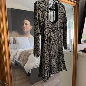 Free People Black and Cream Floral Long-Sleeve Mini Dress